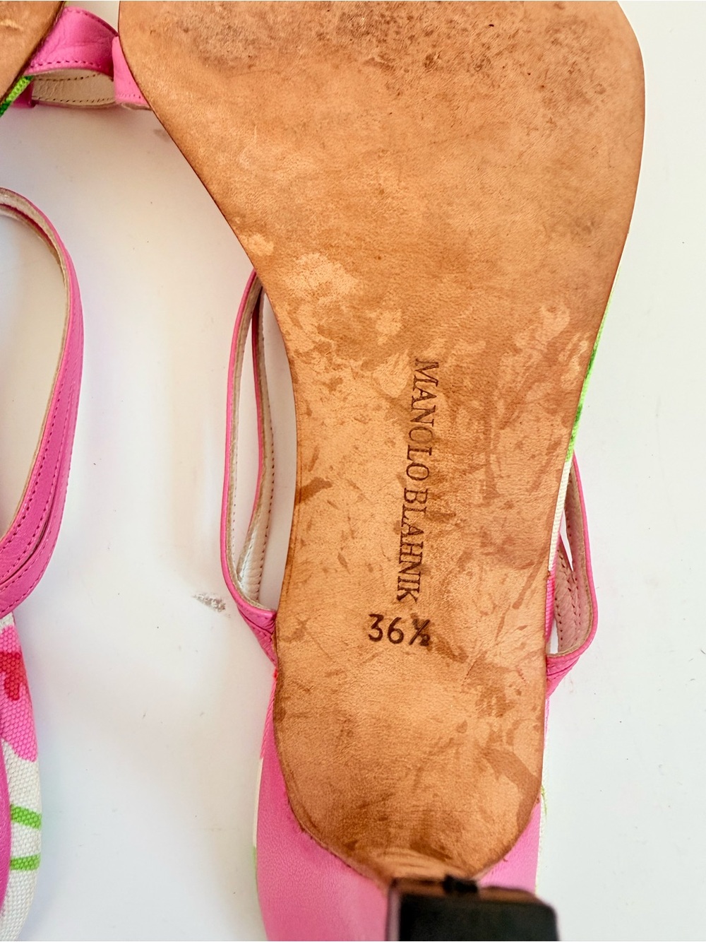 Manolo Blahnik Discus Pink Floral Thong Sandals Vintage Heels 36.5 - Picture 8 of 11